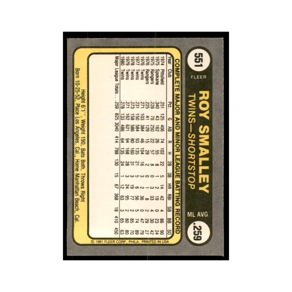 1981 Fleer Roy Smalley Baseball Cards #551
