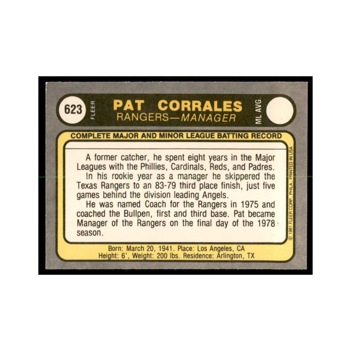 1981 Fleer Pat Corrales Baseball Cards #623