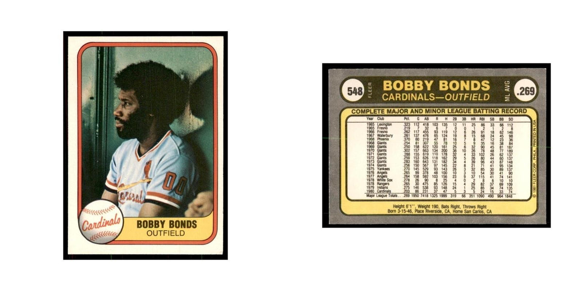 1981 Fleer Bobby Bonds Baseball Cards #548