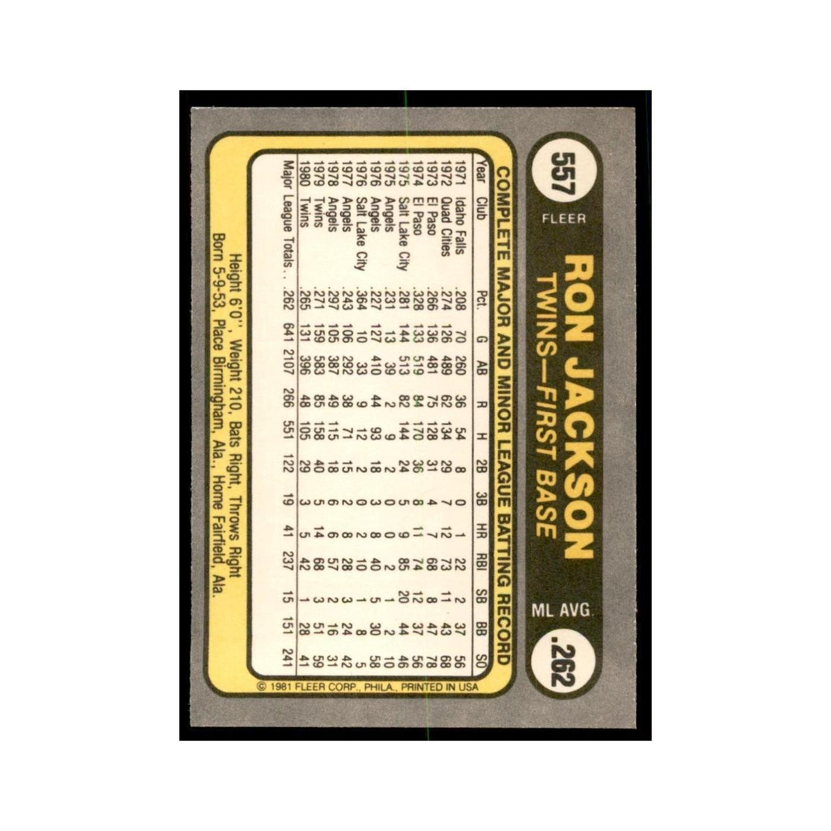 1981 Fleer Ron Jackson Baseball Cards #557