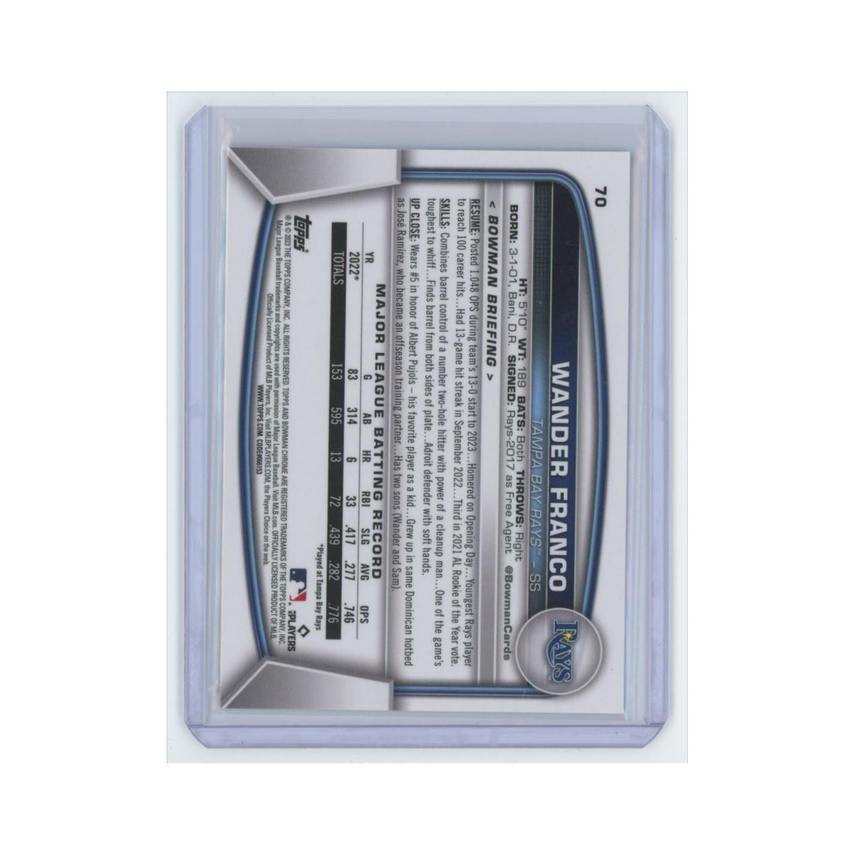 Wander Franco 2023 Bowman Chrome #70 Tampa Bay Rays Baseball Card NM