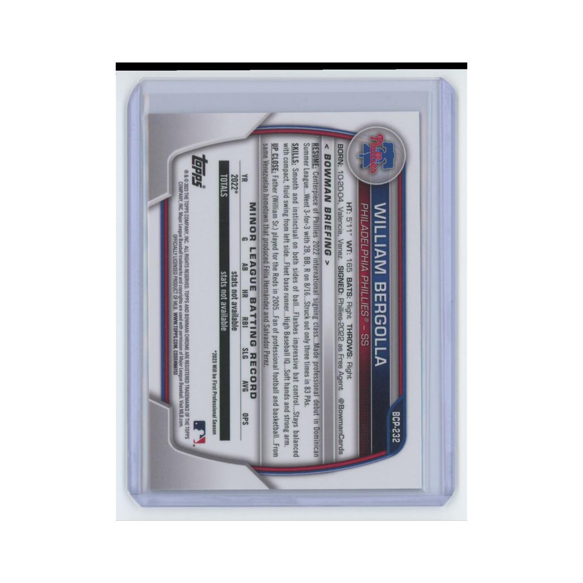 William Bergolla 2023 Bowman Chrome Prospects #BCP-232 Philadelphia Phillies NM