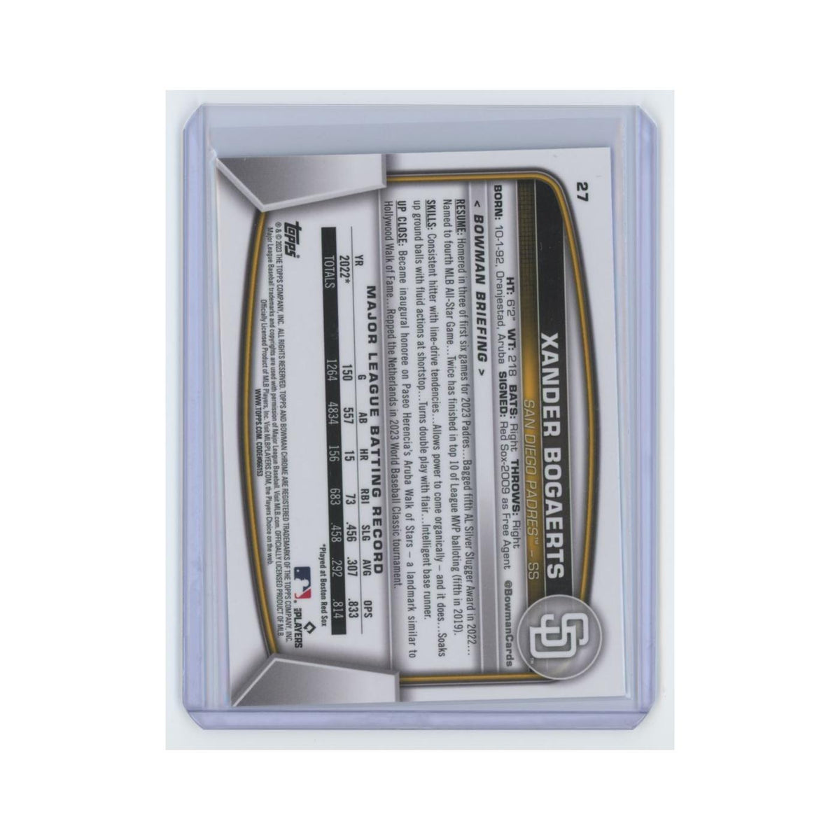 Xander Bogaerts 2023 Bowman Chrome #27 San Diego Padres Baseball Card NM