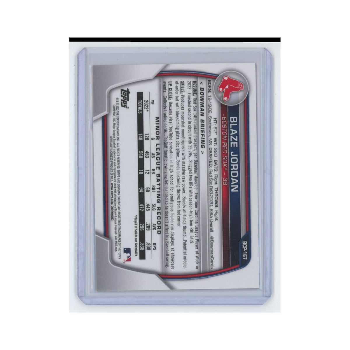 Blaze Jordan 2023 Bowman Chrome Prospects #BCP-167 Boston Red Sox NM