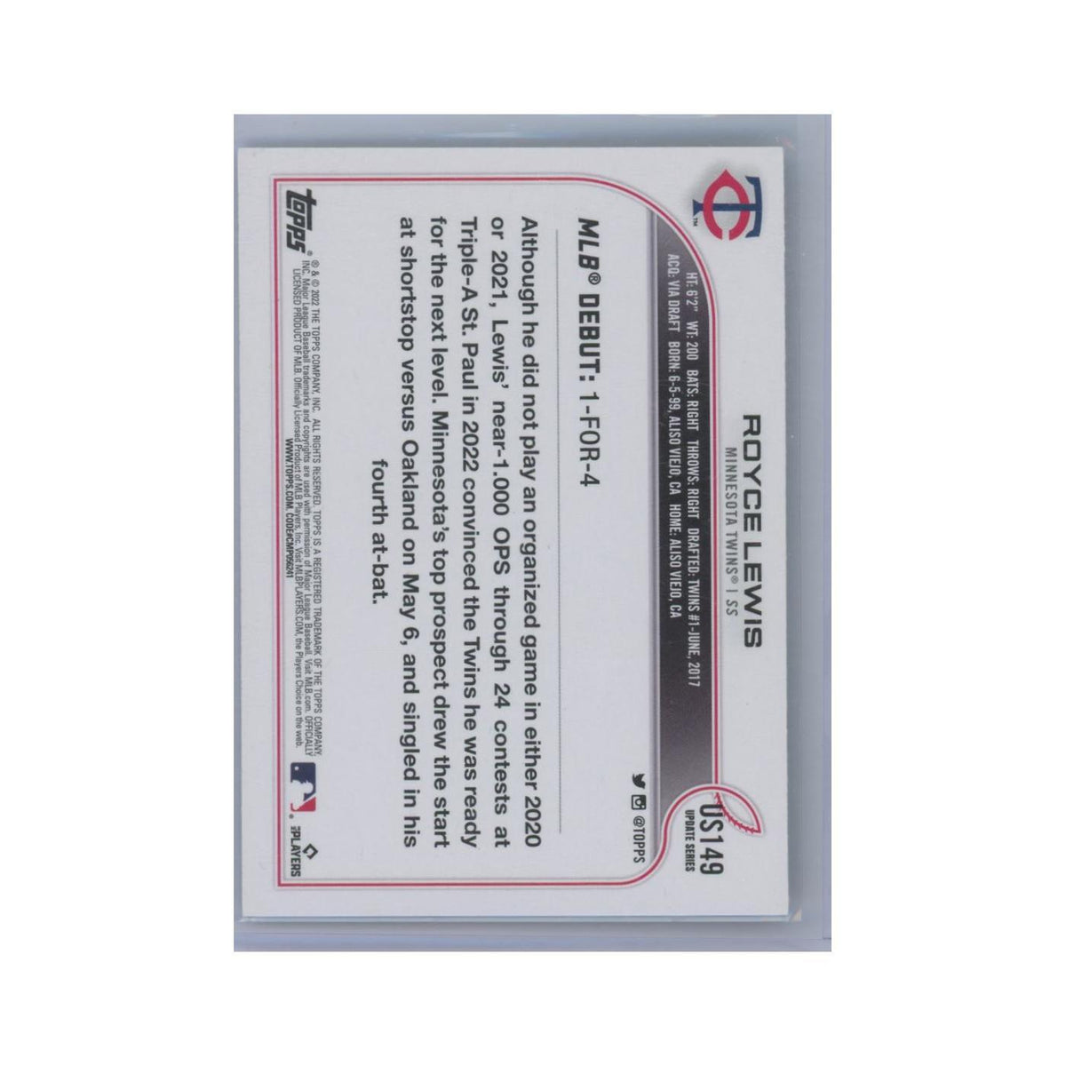 Royce Lewis Rookie 2022 Topps Update #US149 Minnesota Twins Baseball Card NM