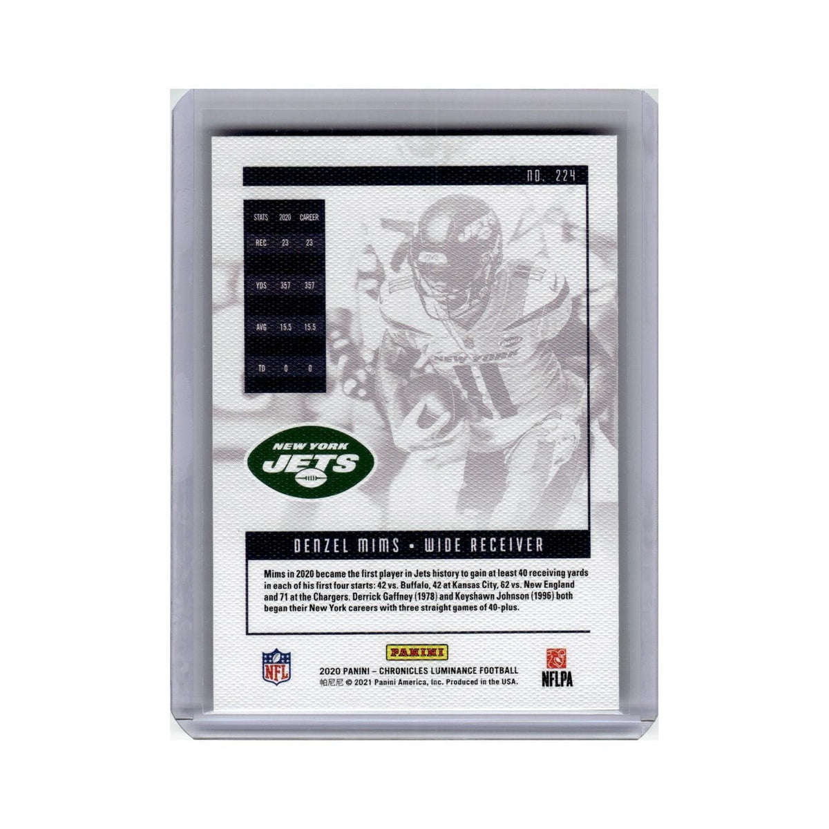 Denzel Mims Rookie 2020 Panini Chronicles Luminance #224 New York Jets NM