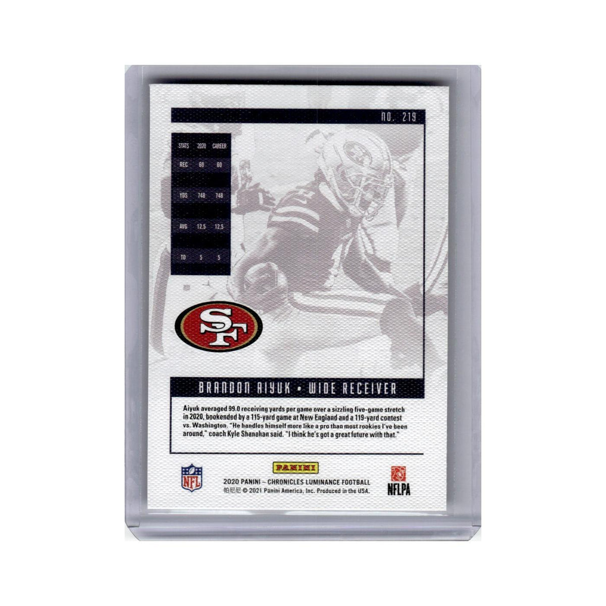 Brandon Aiyuk Rookie 2020 Panini Chronicles Luminance #219 49ers NM