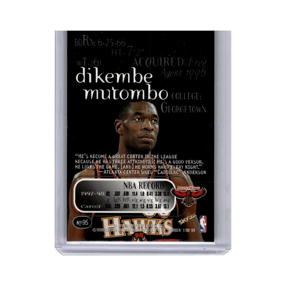 Dikembe Mutombo 1998 SkyBox Thunder #95 Atlanta Hawks Basketball Card NM