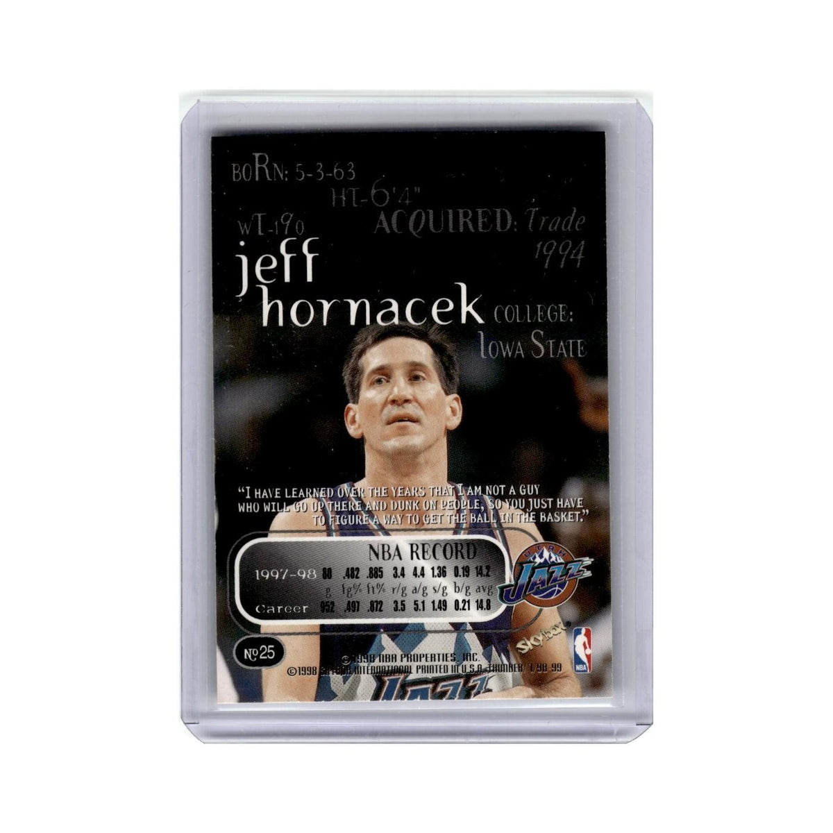 Jeff Hornacek 1998 SkyBox Thunder #25 Utah Jazz Basketball Card NM