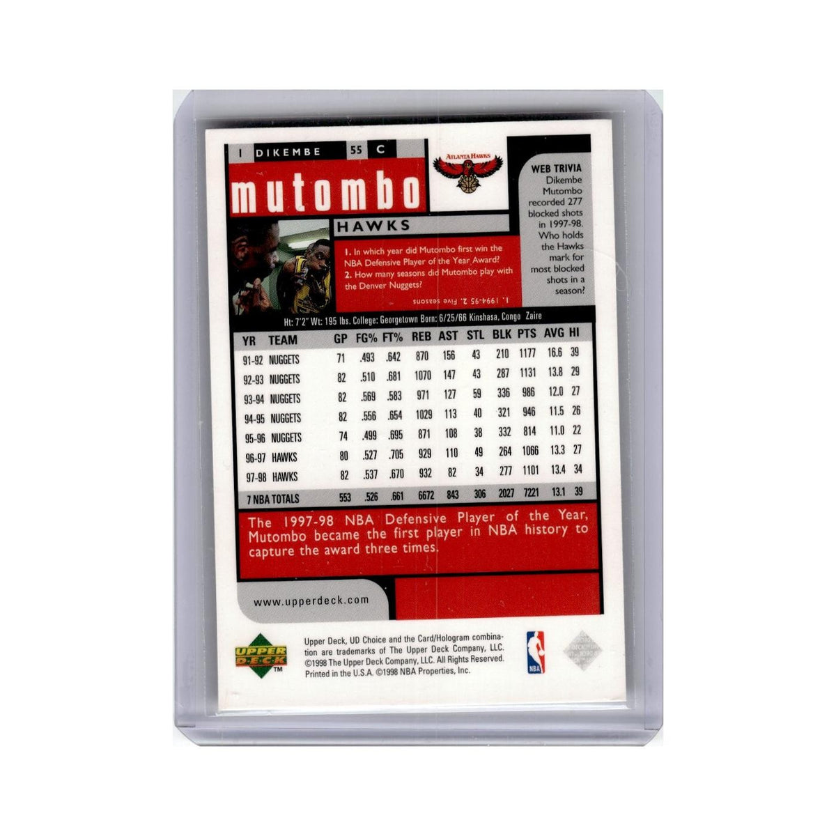 Dikembe Mutombo 1998 UD Choice #1 Atlanta Hawks Basketball Card NM