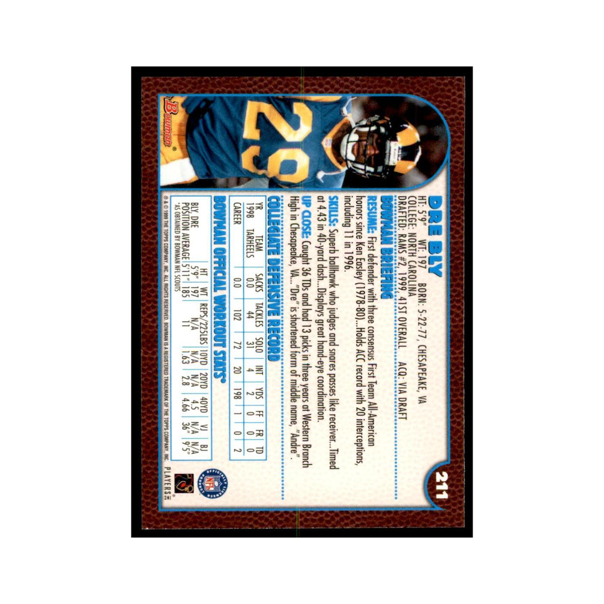 1999 Bowman Dre' Bly RC Football Cards #211