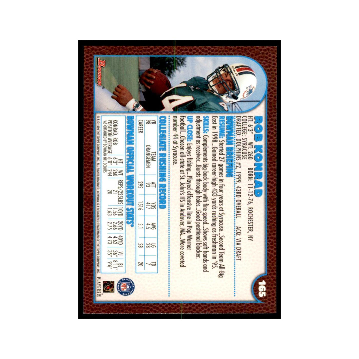 1999 Bowman Rob Konrad RC Football Cards #165