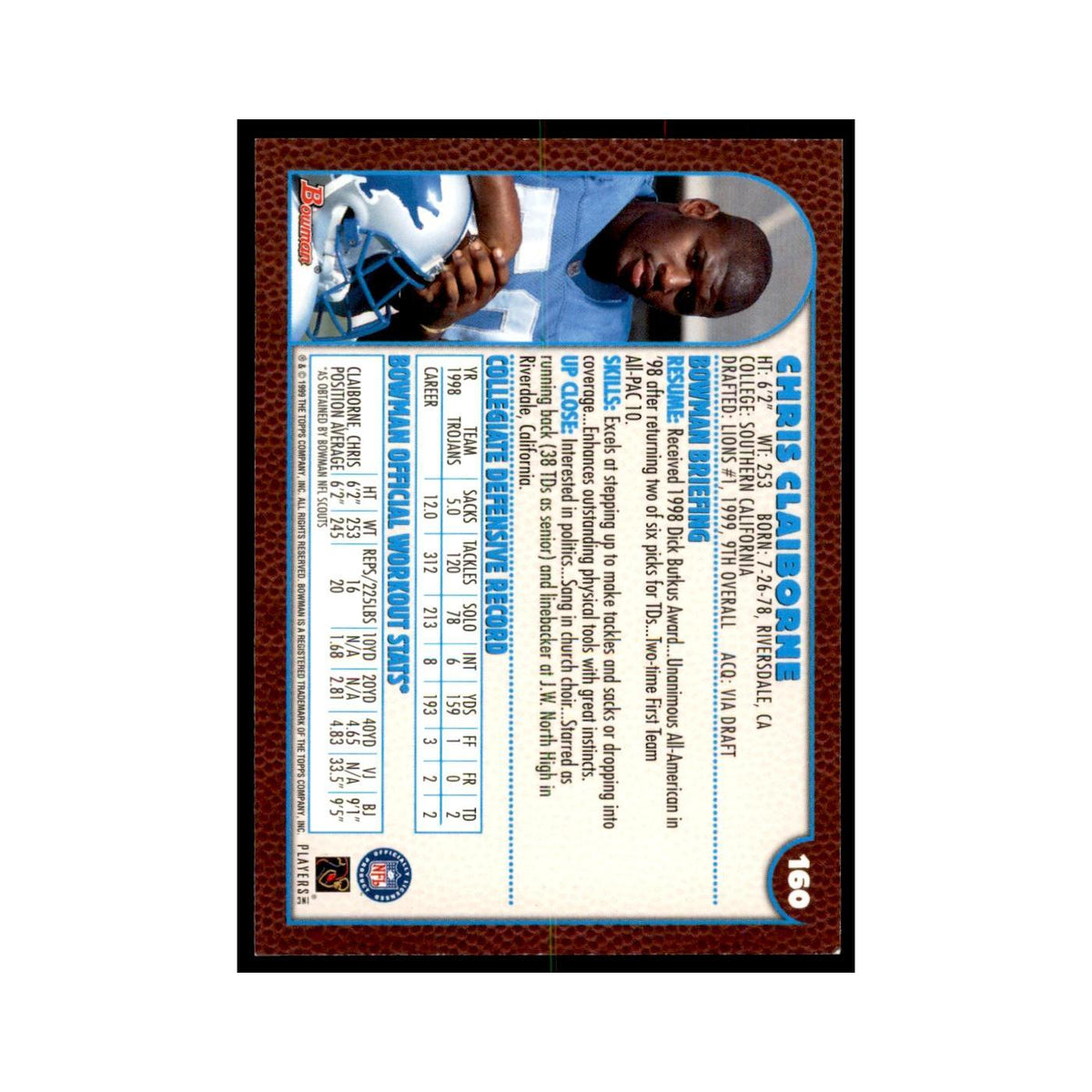 1999 Bowman Chris Claiborne RC Football Cards #160