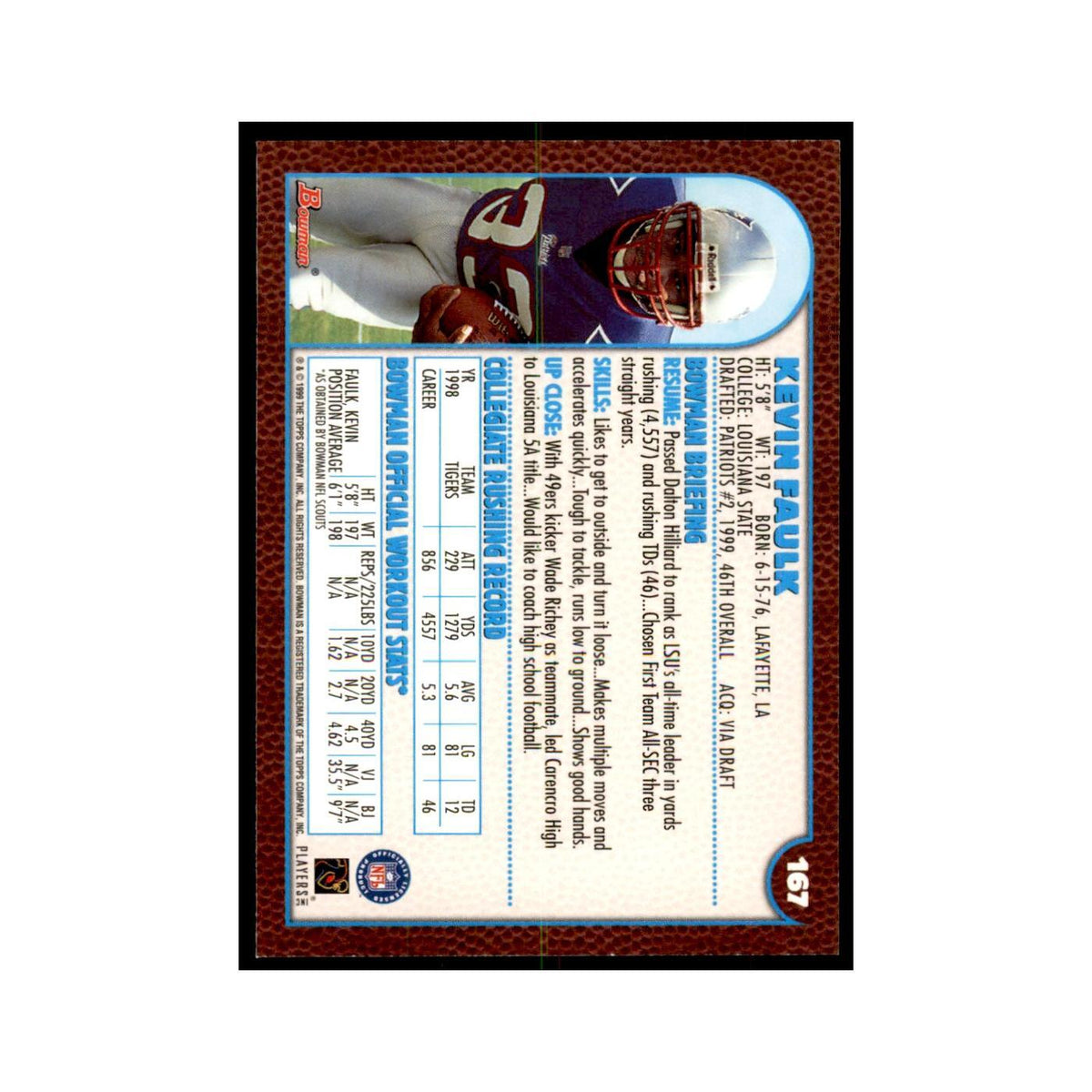 1999 Bowman Kevin Faulk RC Football Cards #167