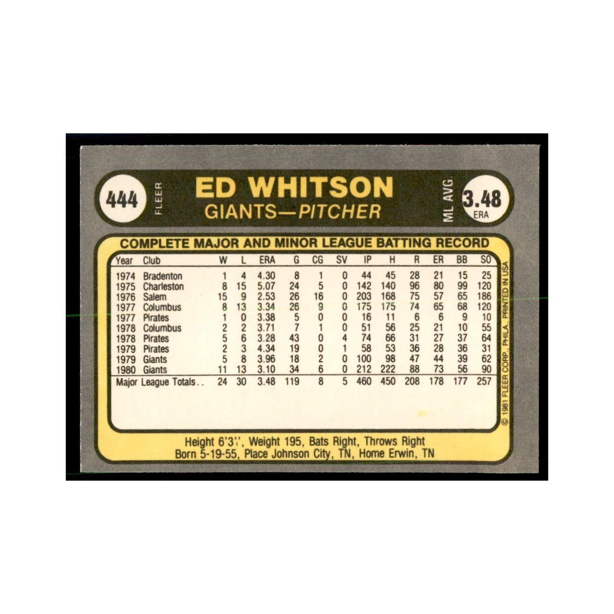 1981 Fleer Ed Whitson Baseball Cards #444