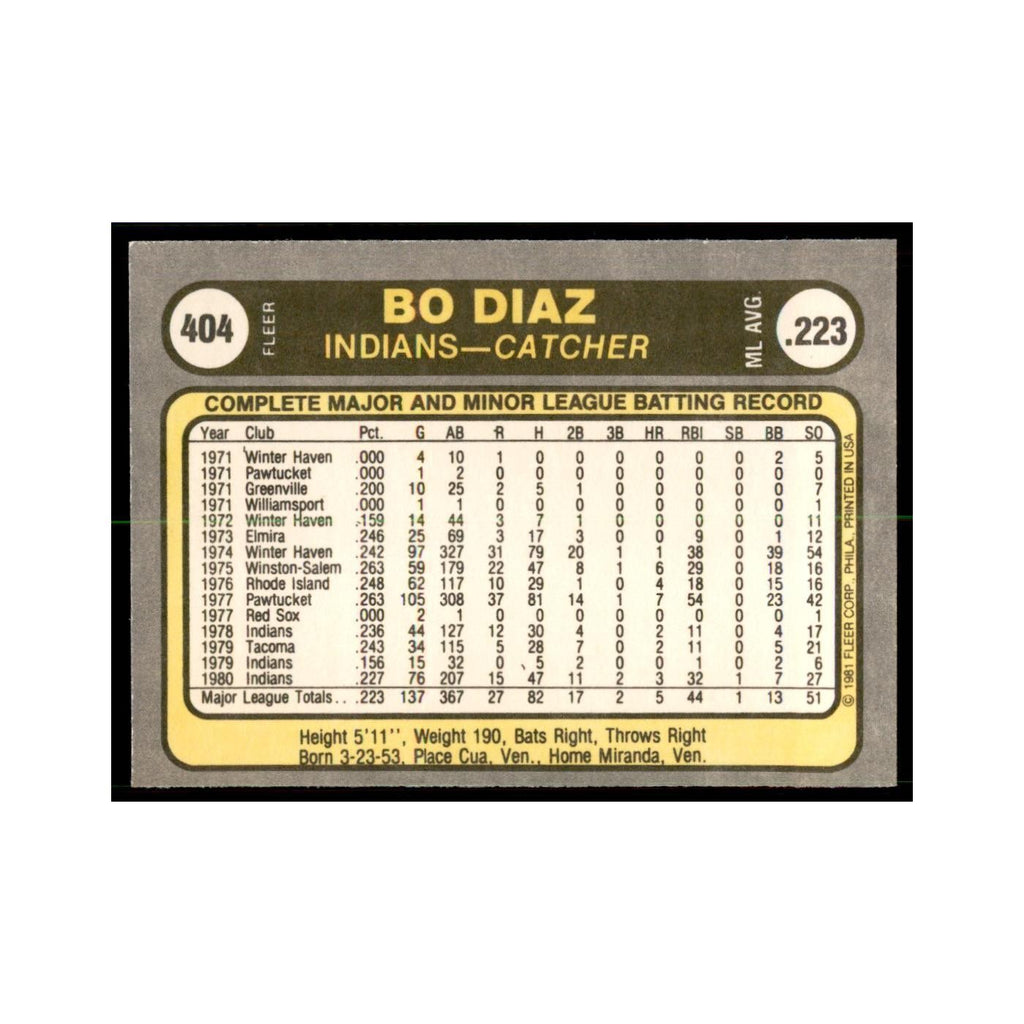 1981 Fleer Bo Diaz Baseball Cards #404