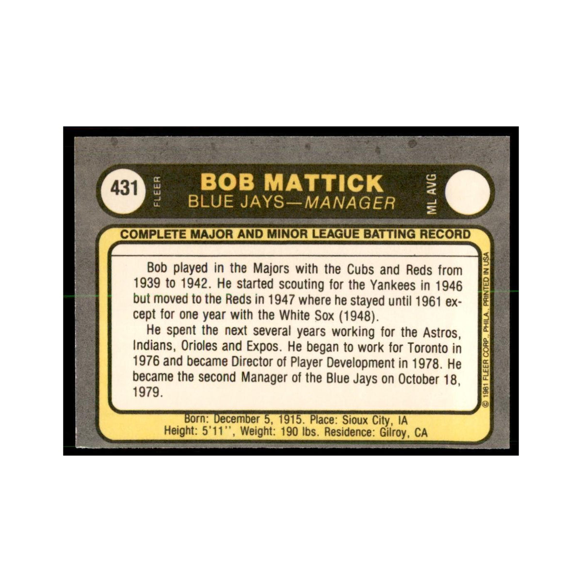 1981 Fleer Bob Mattick Baseball Cards #431
