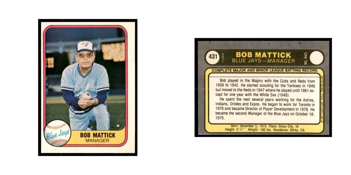 1981 Fleer Bob Mattick Baseball Cards #431