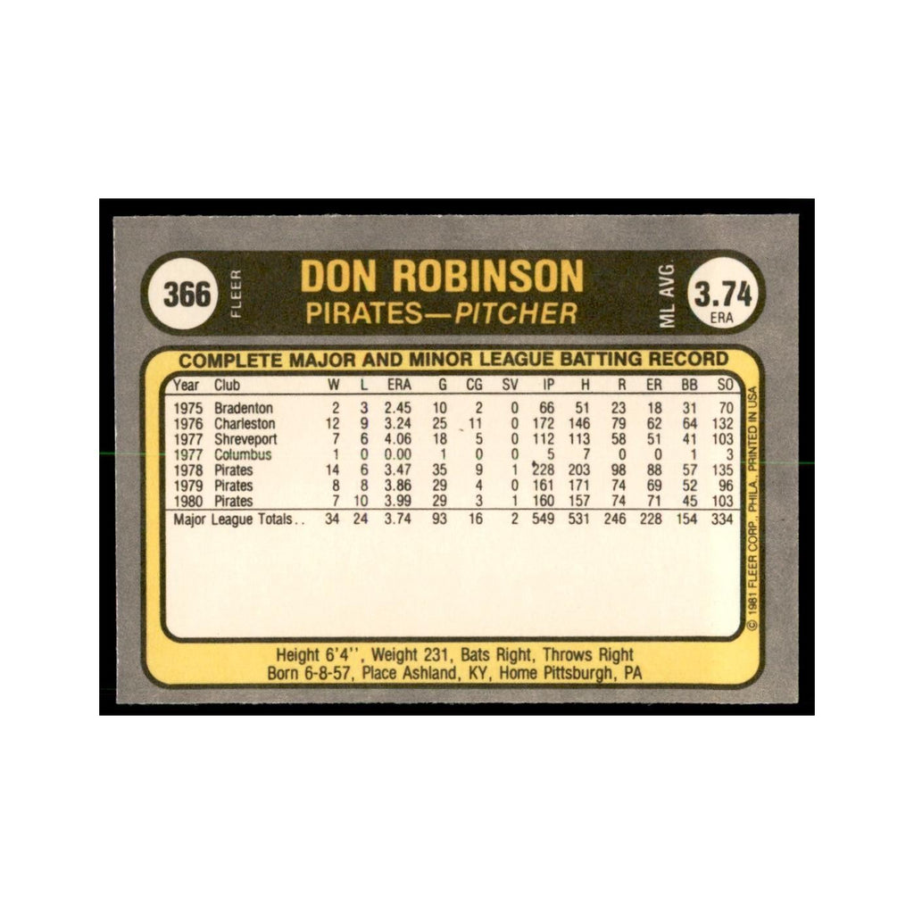 1981 Fleer Don Robinson Baseball Cards #366
