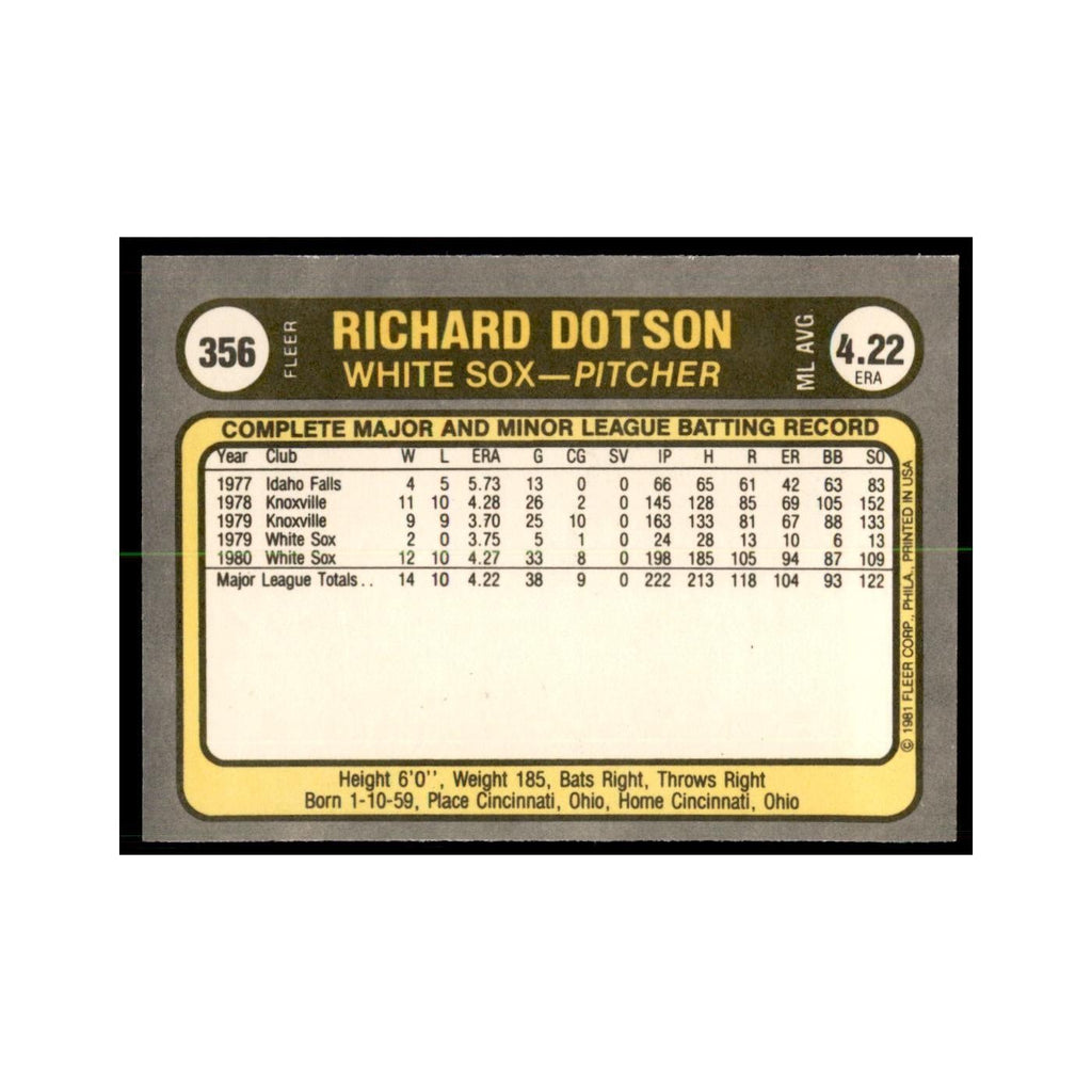 1981 Fleer Richard Dotson Baseball Cards #356
