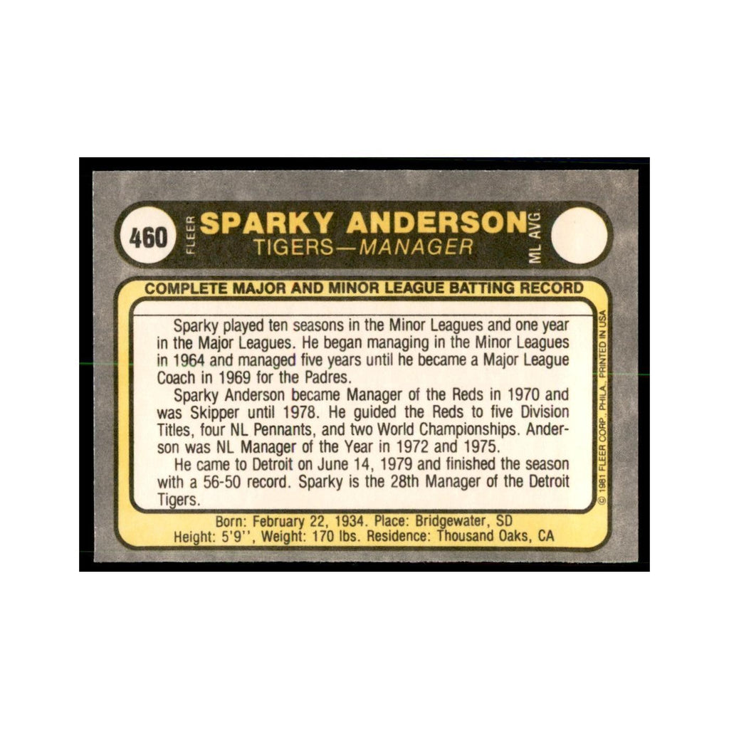 1981 Fleer Sparky Anderson Baseball Cards #460