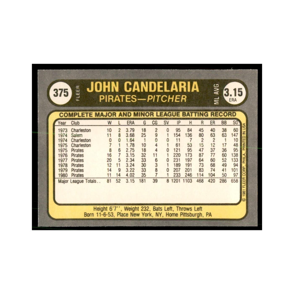 1981 Fleer John Candelaria Baseball Cards #375