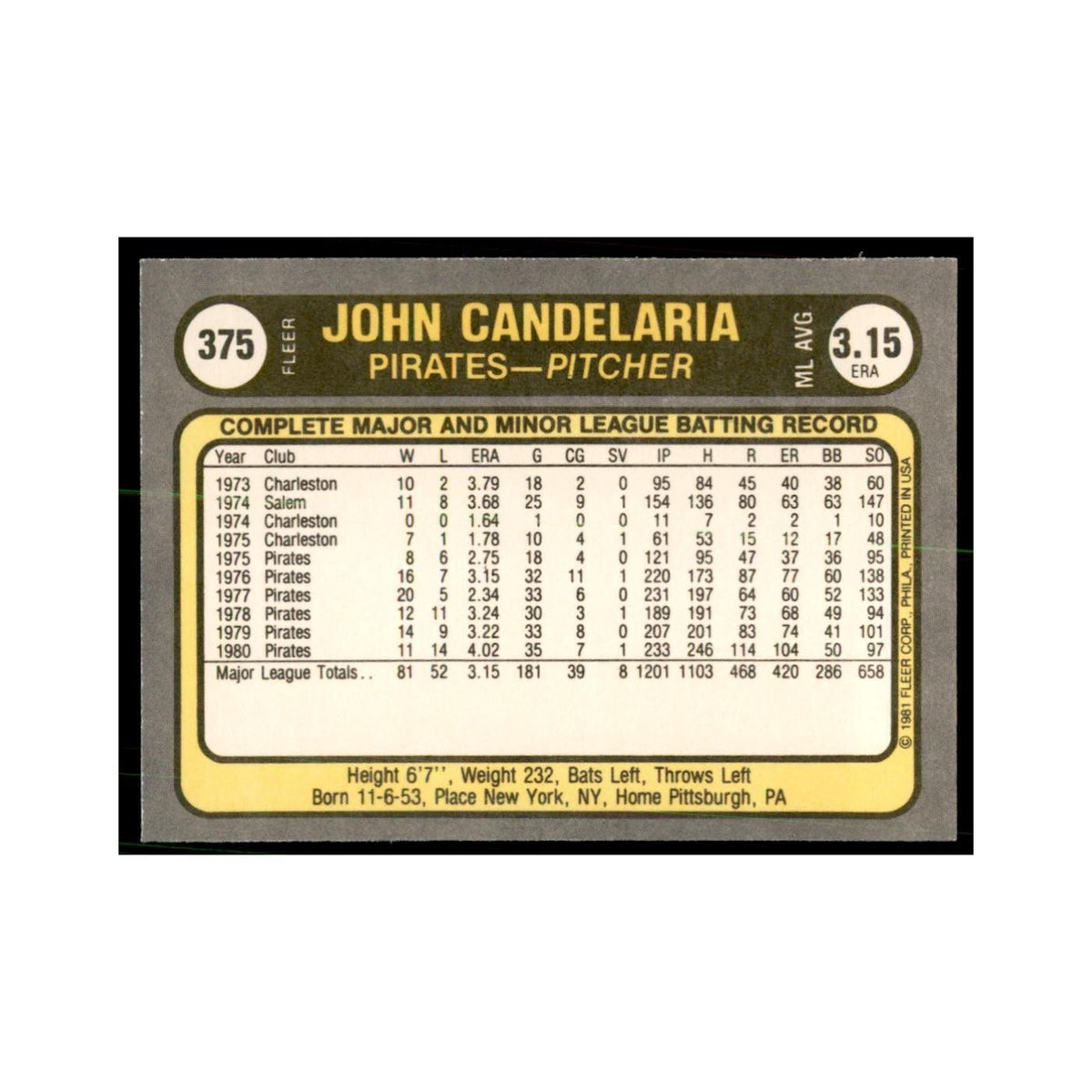 1981 Fleer John Candelaria Baseball Cards #375