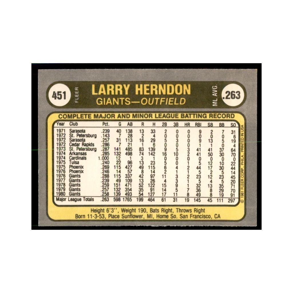 1981 Fleer Larry Herndon Baseball Cards #451