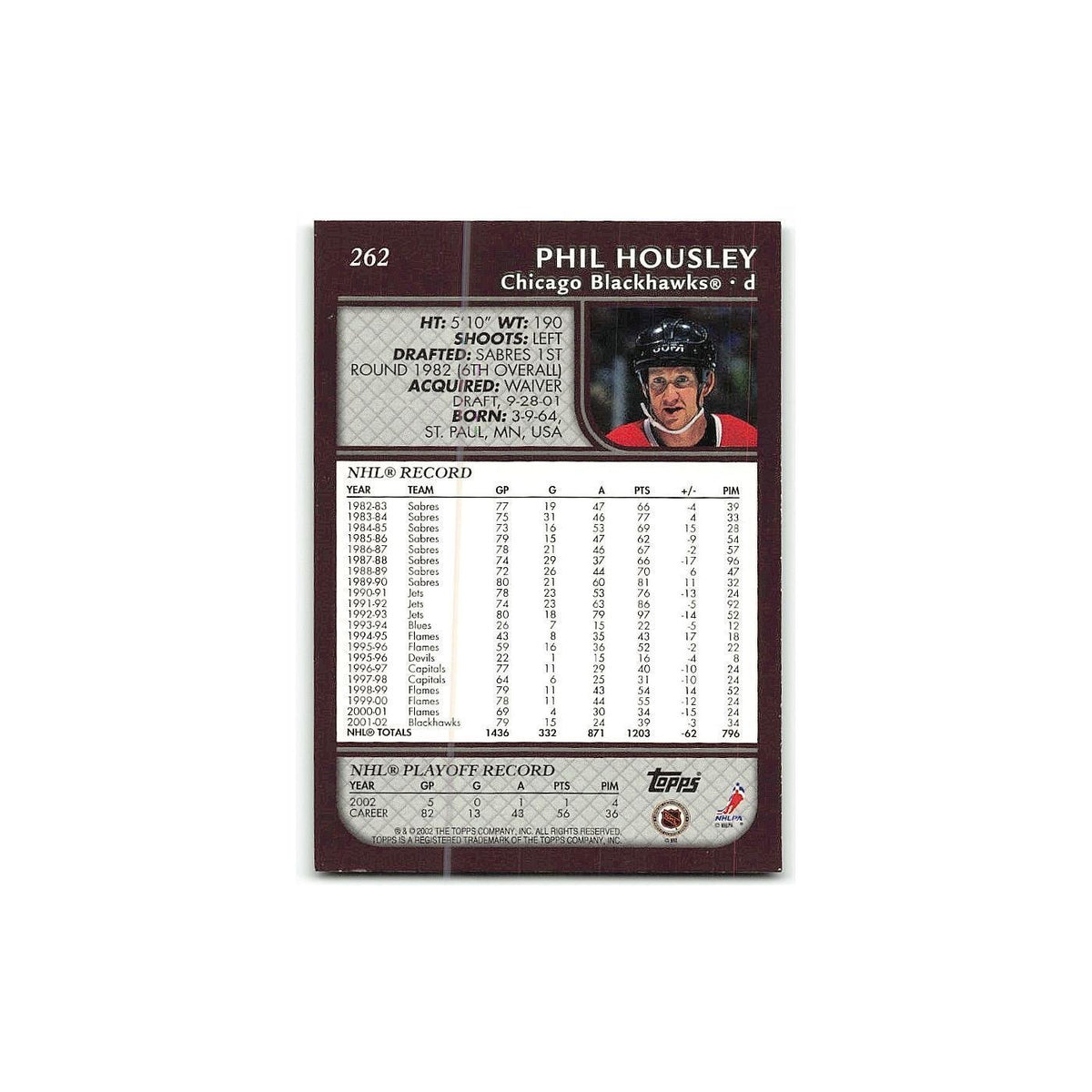 Phil Housley 2002 Topps #262 Chicago Blackhawks Hockey Card NM