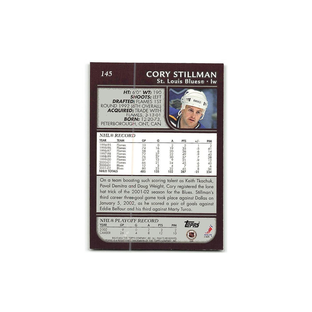 Cory Stillman 2002 Topps #145 St. Louis Blues Hockey Card NM