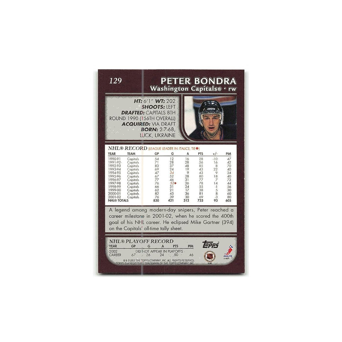 Peter Bondra 2002 Topps #129 Washington Capitals Hockey Card NM