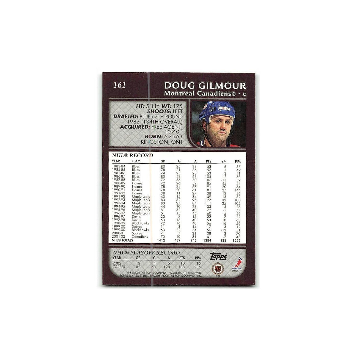 Doug Gilmour 2002 Topps #161 Montreal Canadiens Hockey Card NM