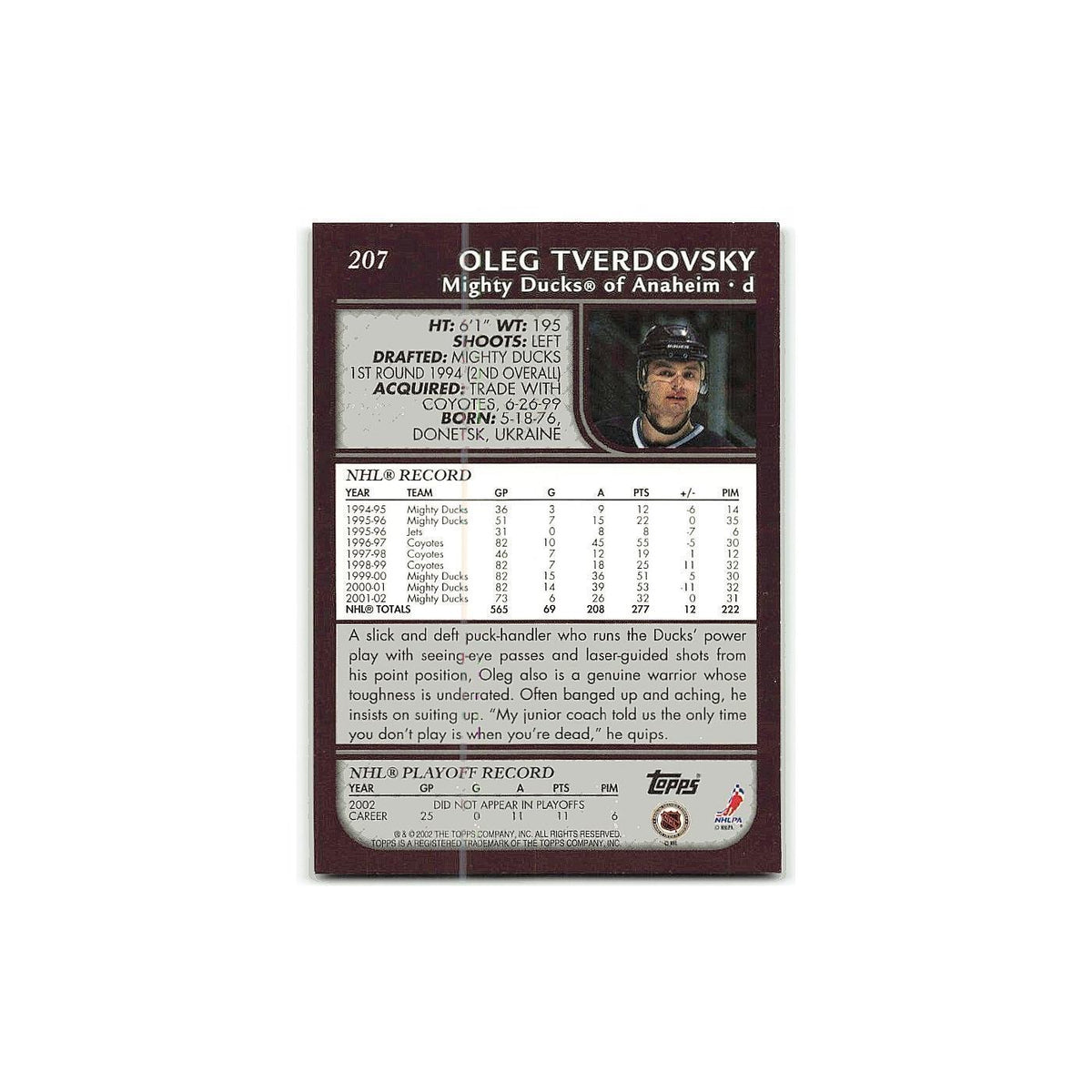Oleg Tverdovsky 2002 Topps #207 Anaheim Mighty Ducks Hockey Card NM