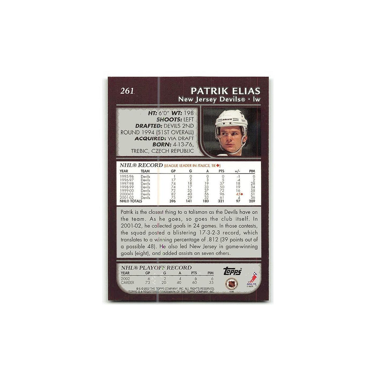Patrik Elias 2002 Topps #261 New Jersey Devils Hockey Card NM