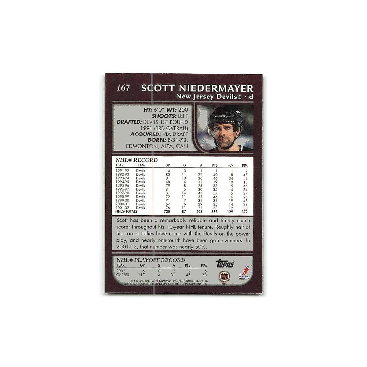 Scott Niedermayer 2002 Topps #167 New Jersey Devils Hockey Card NM