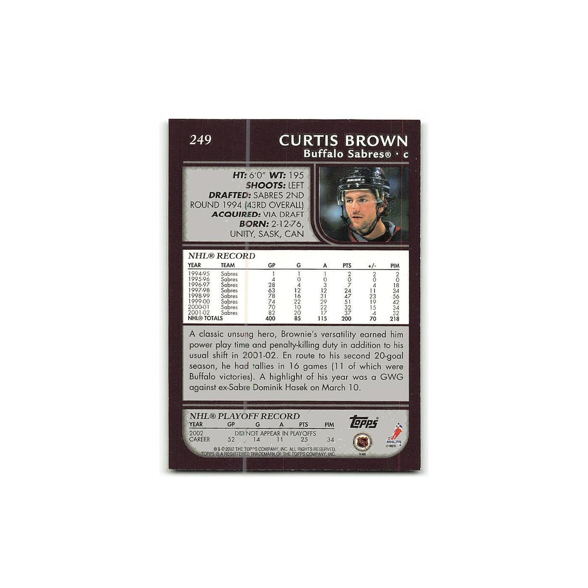 Curtis Brown 2002 Topps #249 Buffalo Sabres Hockey Card NM