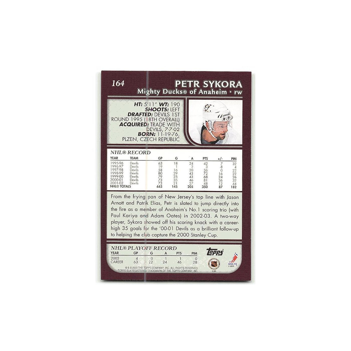 Petr Sykora 2002 Topps #164 New Jersey Devils Hockey Card NM