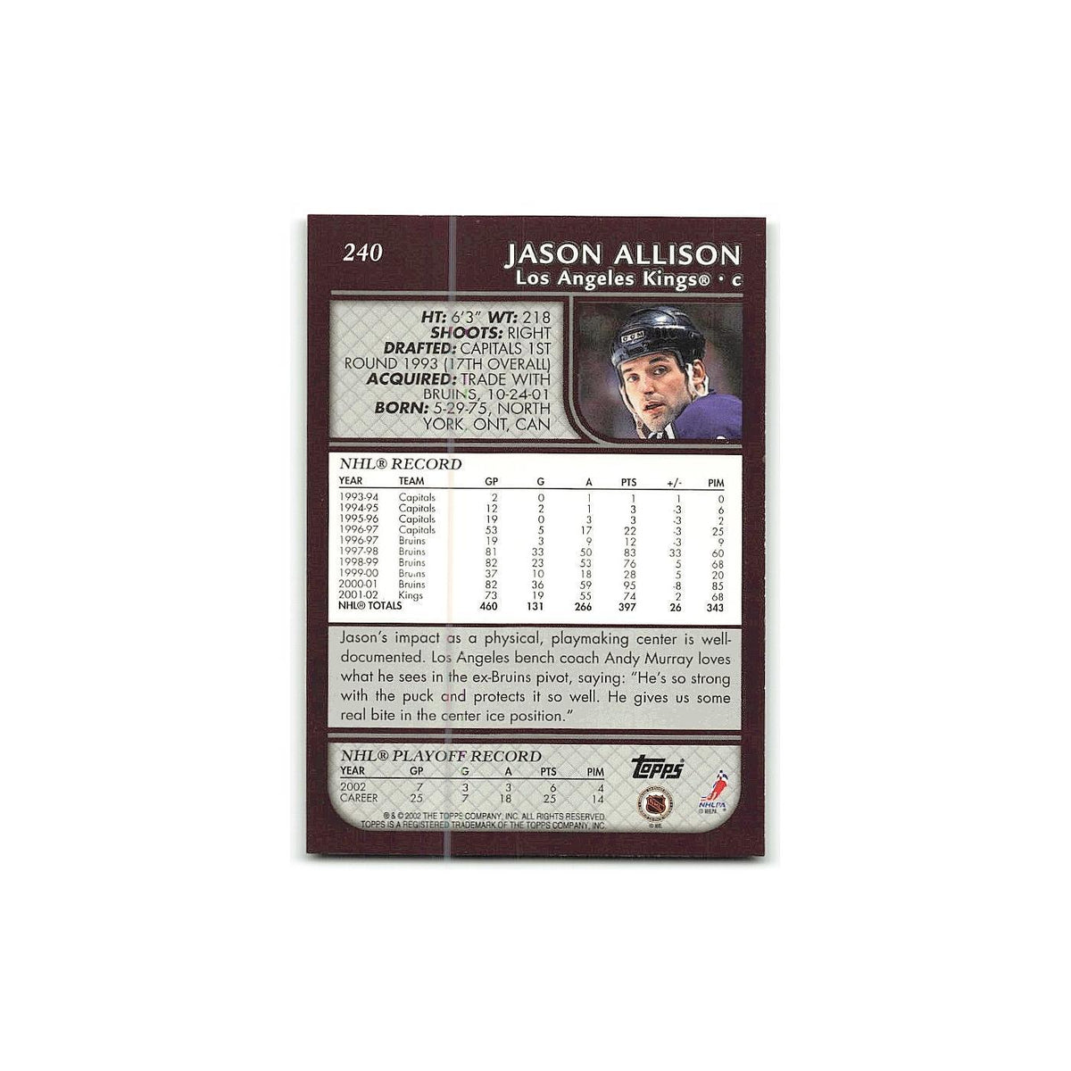 Jason Allison 2002 Topps #240 Los Angeles Kings Hockey Card NM