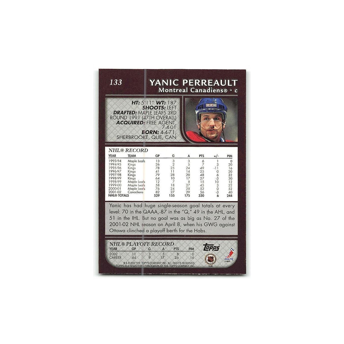 Yanic Perreault 2002 Topps #133 Montreal Canadiens Hockey Card NM