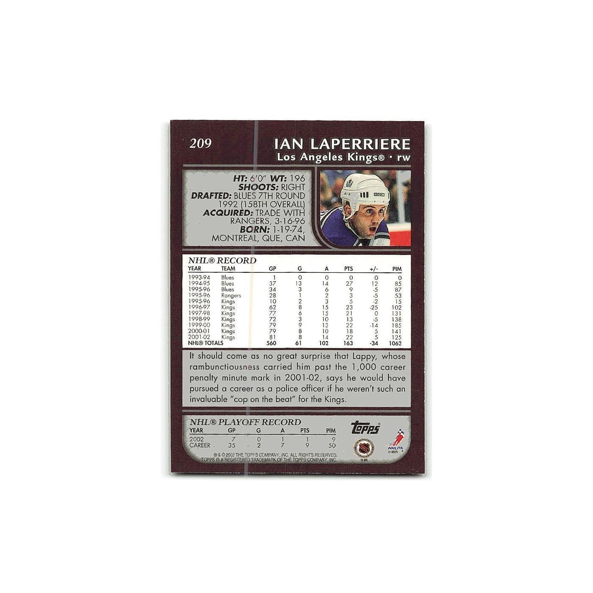 Ian Laperriere 2002 Topps #209 Los Angeles Kings Hockey Card NM