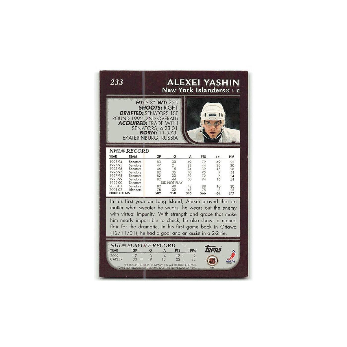 Alexei Yashin 2002 Topps #233 New York Islanders Hockey Card NM