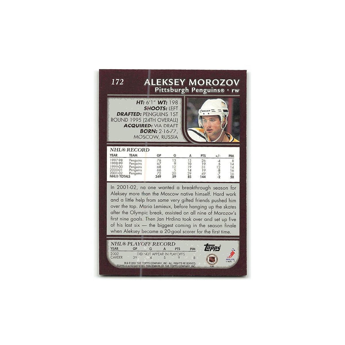 Aleksey Morozov 2002 Topps #172 Pittsburgh Penguins Hockey Card NM