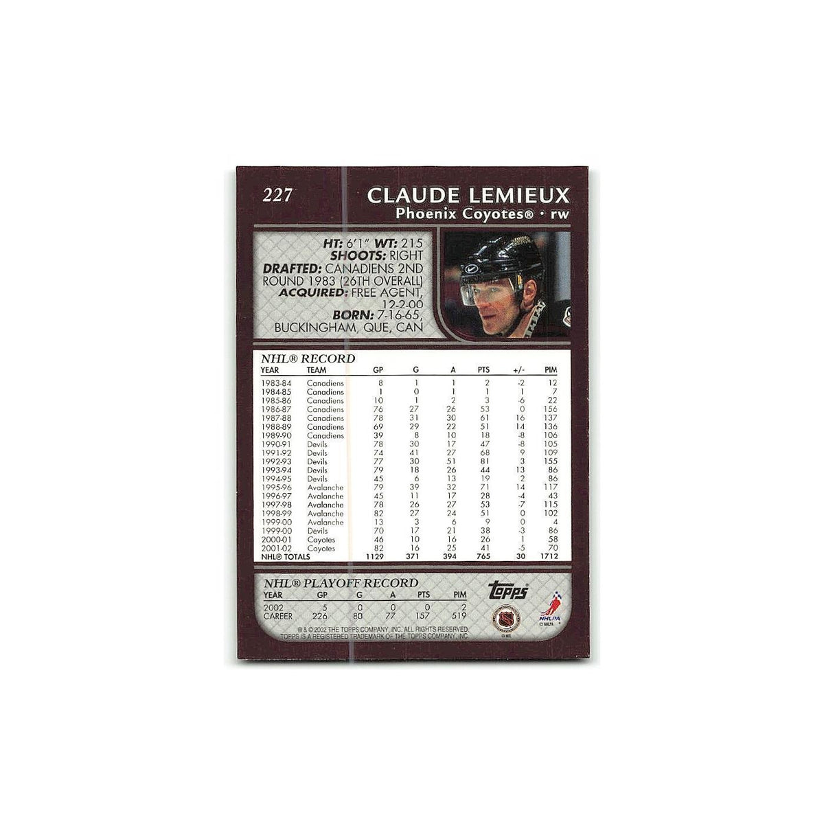 Claude Lemieux 2002 Topps #227 Phoenix Coyotes Hockey Card NM