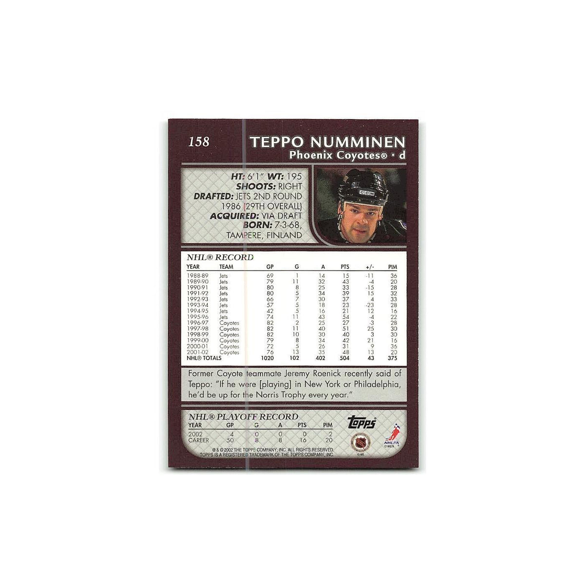 Teppo Numminen 2002 Topps #158 Phoenix Coyotes Hockey Card NM