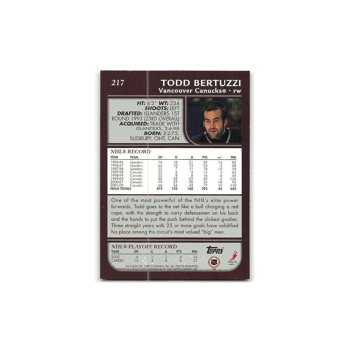 Todd Bertuzzi 2002 Topps #217 Vancouver Canucks Hockey Card NM