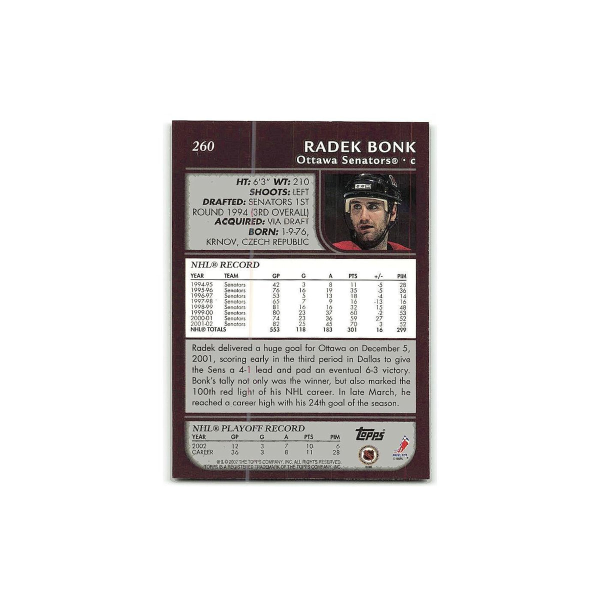 Radek Bonk 2002 Topps #260 Ottawa Senators Hockey Card NM