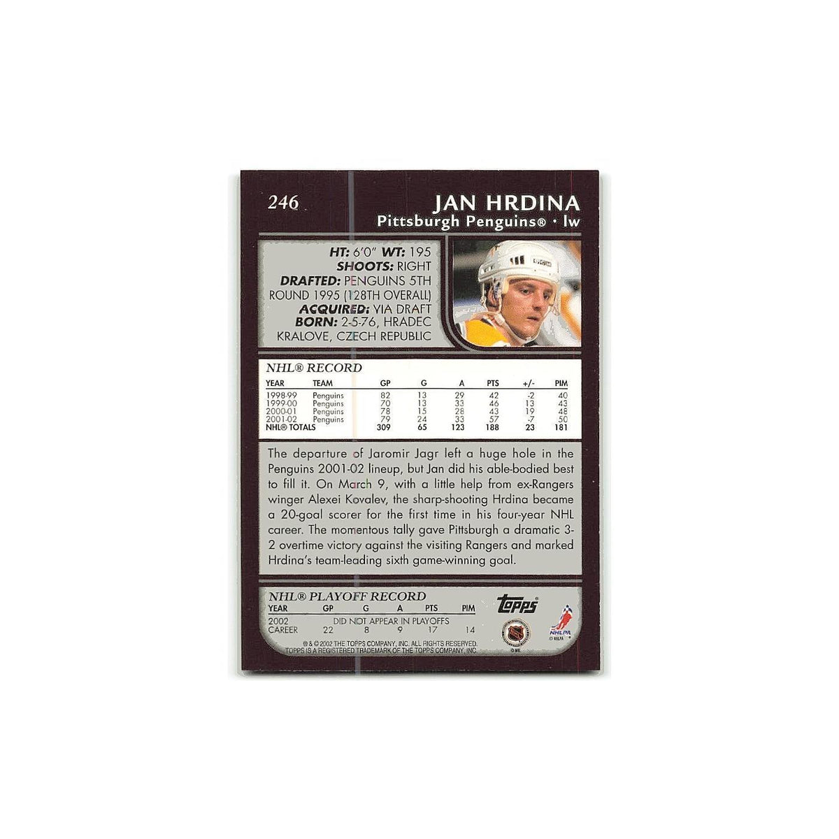 Jan Hrdina 2002 Topps #246 Pittsburgh Penguins Hockey Card NM