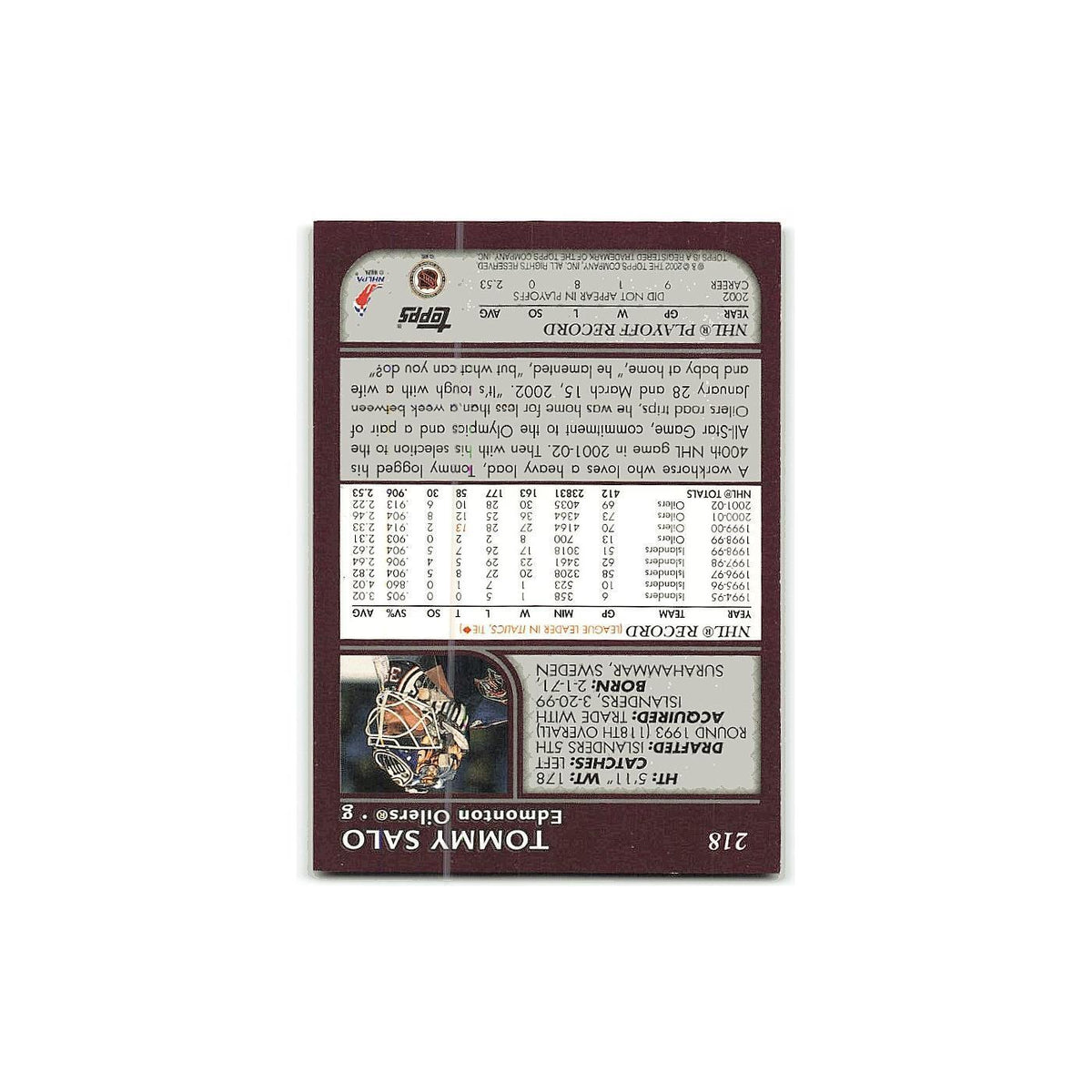 Tommy Salo 2002 Topps #218 Edmonton Oilers Hockey Card NM