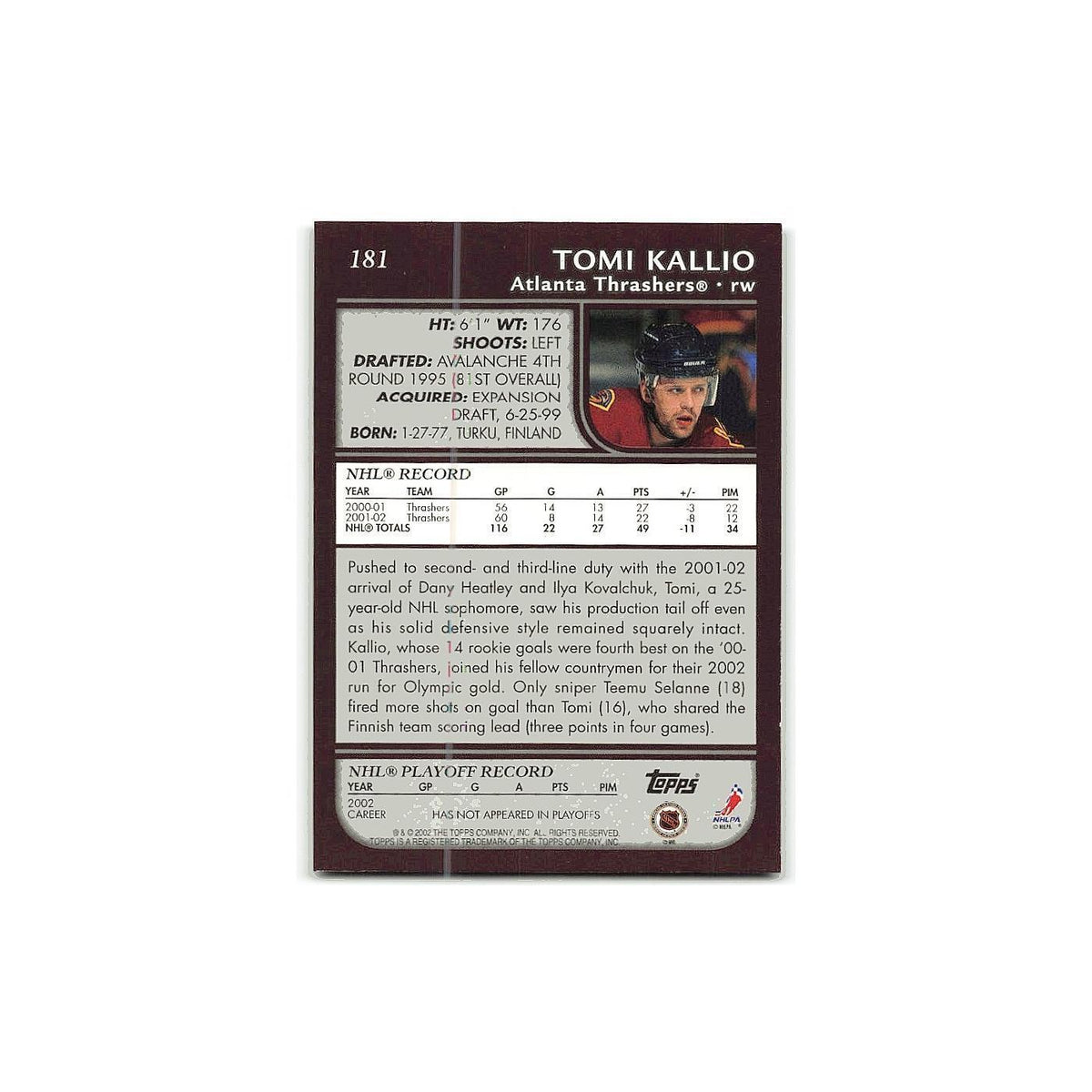 Tomi Kallio 2002 Topps #181 Atlanta Thrashers Hockey Card NM