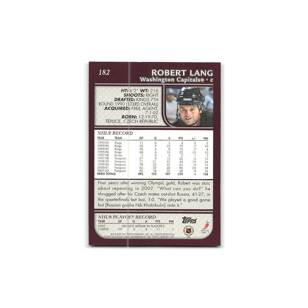 Robert Lang 2002 Topps #182 Pittsburgh Penguins Hockey Card NM